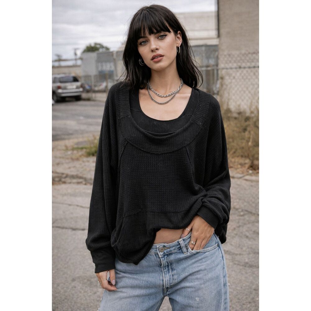 Free People WE THE FREE Black Waffle Knit Oversized Boho Top  Women's Size XS